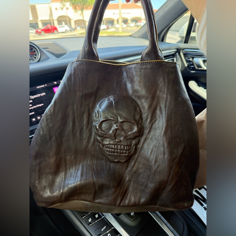 Brown Italian Leather Tote with Skull Design